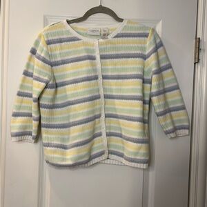 90s Liz Claiborne Pastel Striped Cardigan Sweater | Purple Yellow | M Petite